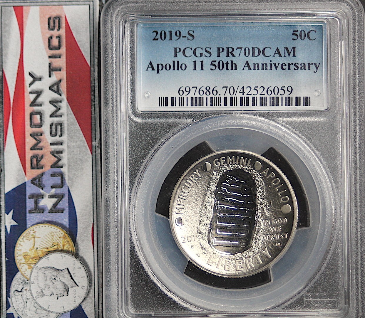 2019 S APOLLO 11 HALF DOLLAR PR70 DCAM 50th Anniversary Moon Landing Blue Label