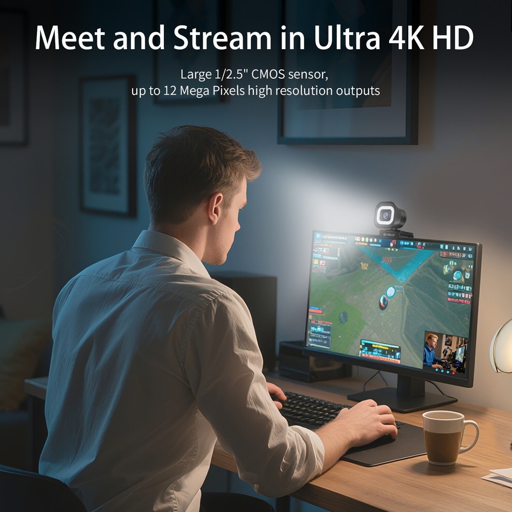 TOALLIN PDAF 4K Webcam,Dual Mics,Built-in Ring Light & Remote Wide Compatibility