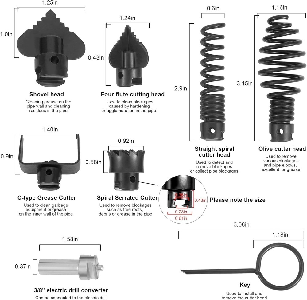 8PCS Drain Snake Drill Attachments – Auger & Cutter Head Set for Machines - US