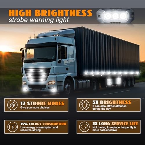 LED Strobe Lights for Trucks 3-LED Super Bright Surface Mount 3LED-4PCS White
