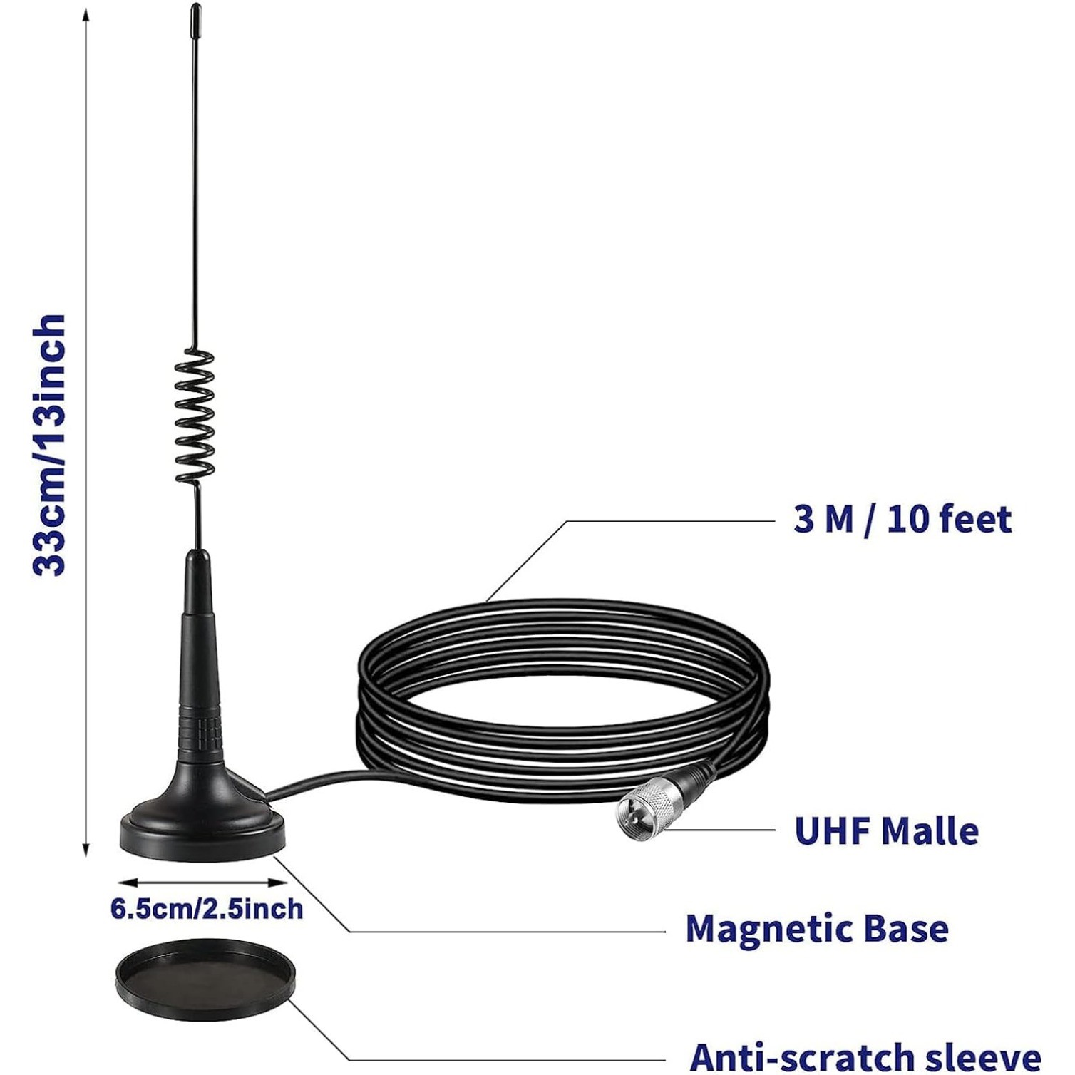 14 Inch CB Radio Antenna - Magnetic Mount, PL259 & BNC