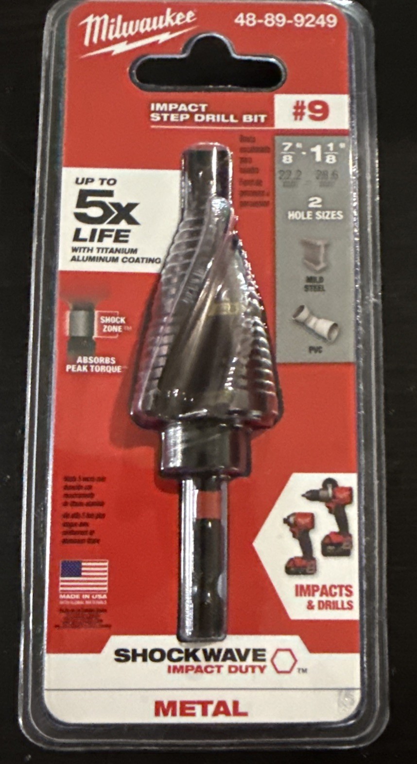 Milwaukee 48-89-9249 SHOCKWAVE #9 Impact Duty Step Bit - Titanium New On Card