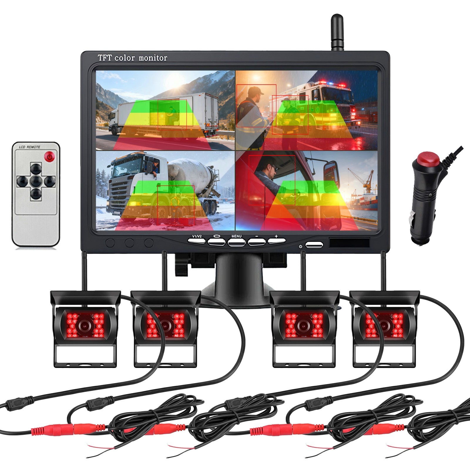 1080P WirelessBackup Camera   7" Quad Monitor for Truck Trailer RV