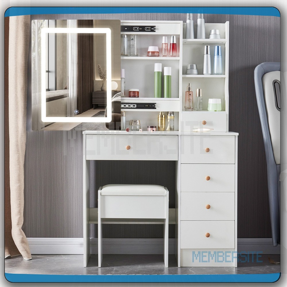 Makeup Vanity Desk Dressing Table With Smart LED Mirror & Stool 6 Drawers Shelf