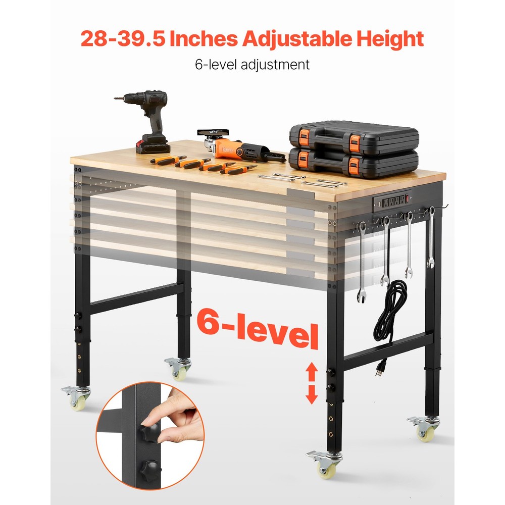 48" Workbench on Wheels Adjustable Height Table with Power Outlet & Pegboard