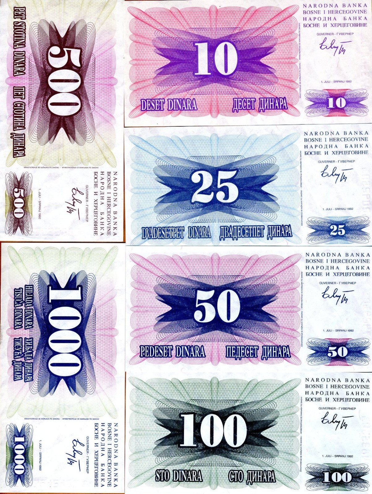 SET, Bosnia-Herzegovina, 10;25;50;100;500;1000 1992, P-10-11-12-13-14-15 UNC
