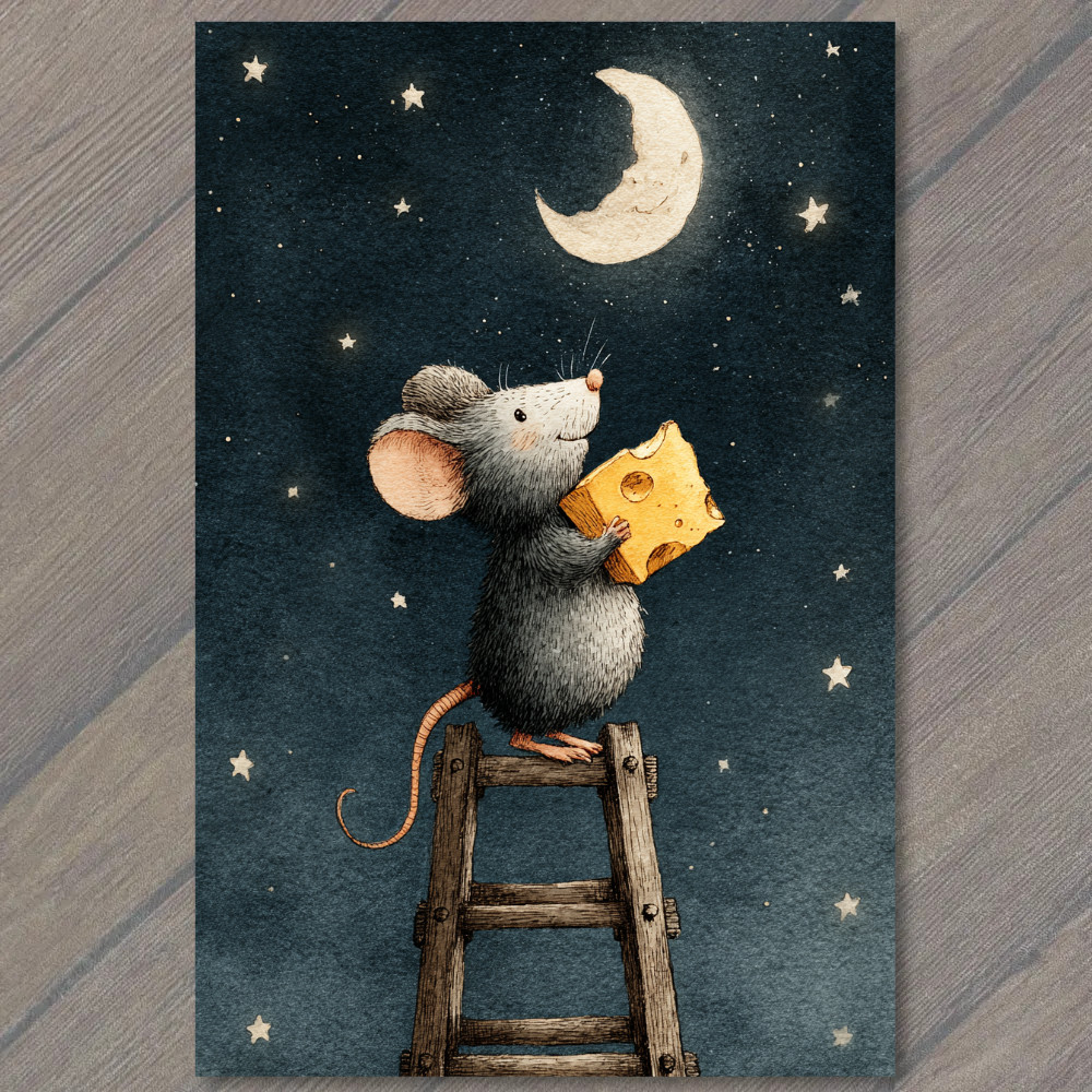 POSTCARD Whimsical Mouse Ladder Moon Cheese Night Sky
