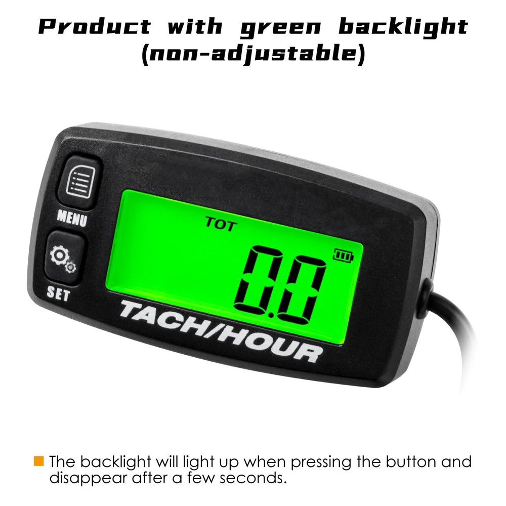 Self Powered Digital Tachometer Hour Meter, Inductive, Waterproof, Battery Re...