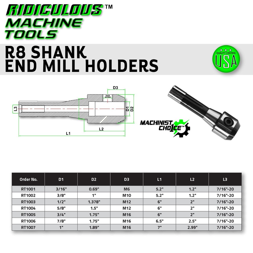 HIGH PRECISION R8 END MILL HOLDER 3/16" Machinist Choice