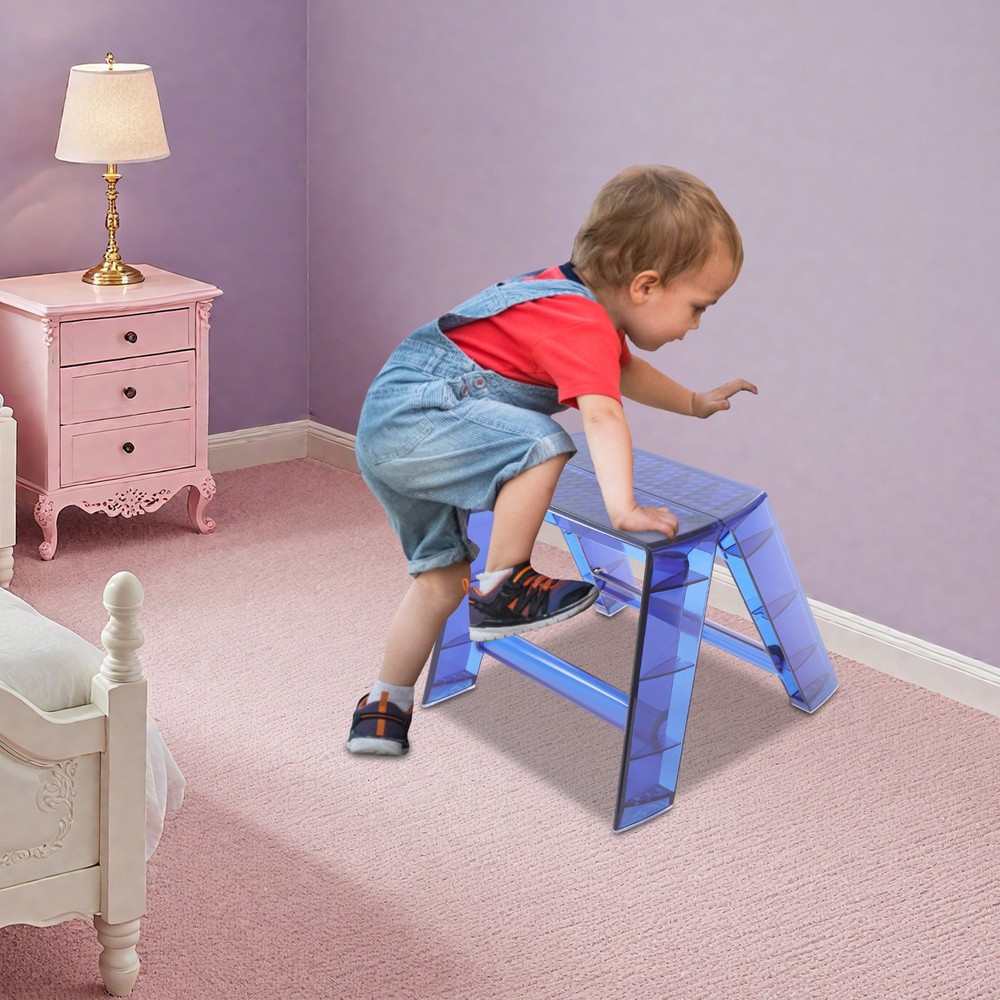 Folding PC Step Ladder, 2 Steps Stool For Indoor Outdoor Library Kitchen, Blue