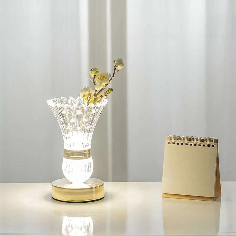 Crystal LED Vase Table Lamp, Touch Control, Night Light, Dimmable, Rechargeable