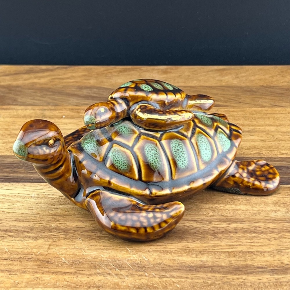 Ceramic Turtle W/Baby Turtle On Back Glazed Brown & Green
