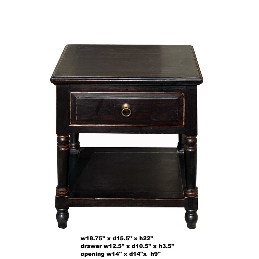 Oriental Distressed Black Brown Lacquer Drawer End Table Nightstand cs7249