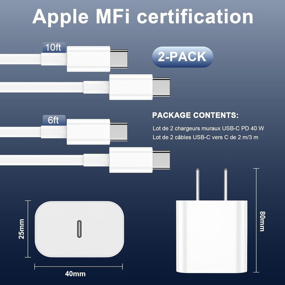Iphone Charger Fast Charging 2 Pack for Apple 40W Dynamic Power Adapter with 60W