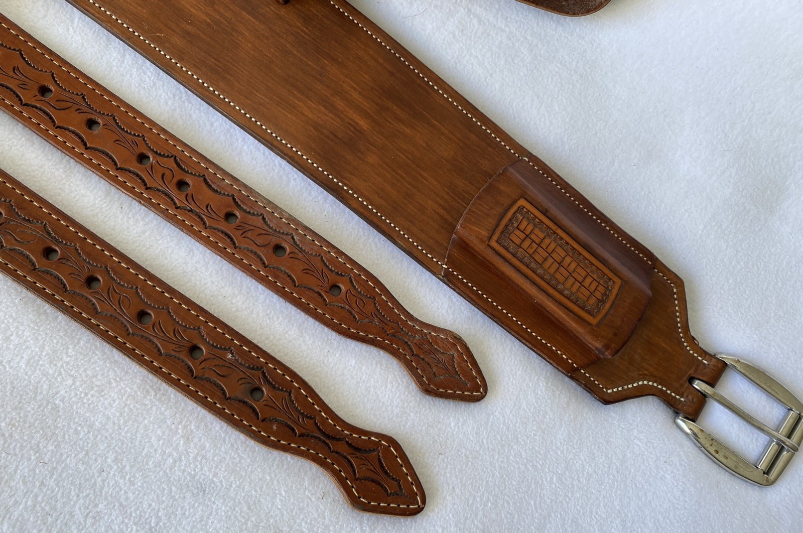 High QUALITY Double Stitch TOOLED Skirt Leather Back Flank Cinch &Billet SET~EUC