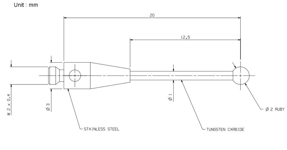 A-5003-3822 CMM Touch Probe Stylus M2 Thread 2mm Ruby Ball Tip 20mm Long