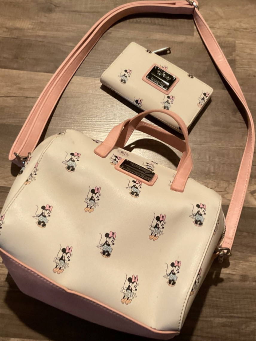 LOUNGEFLY DISNEY MINNIE MOUSE ALL OVER PRINT HANDBAG TOTE & WALLET SET