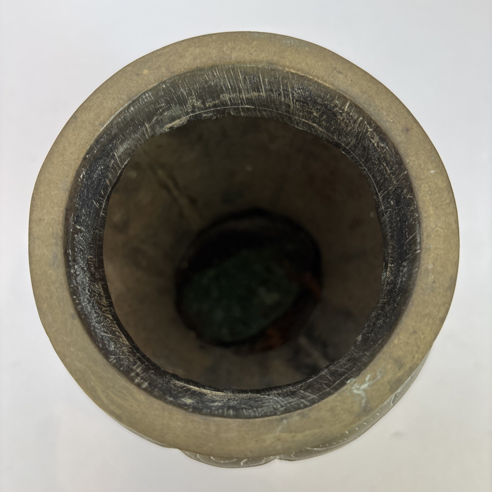 Vintage Heavy Chinese Etched Brass Vase 5.5” Tall Dragon or Lion