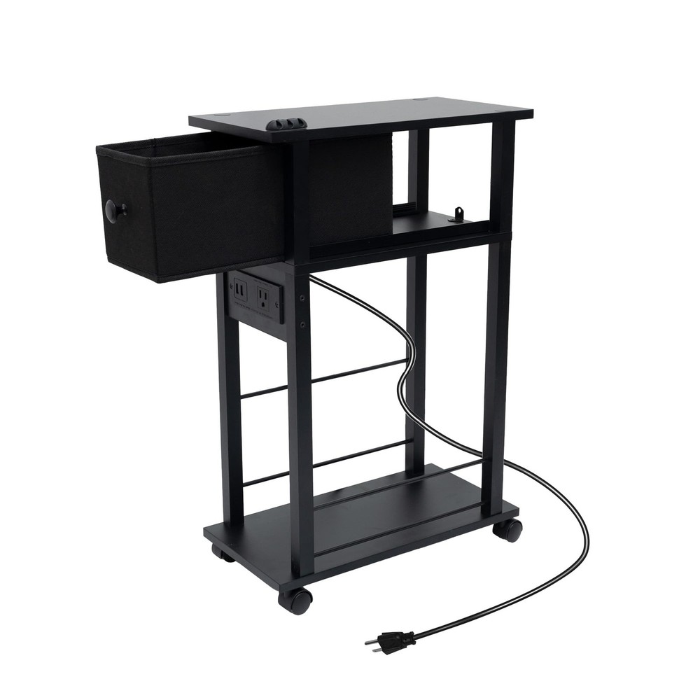 Narrow Side Table (1PC) - Black End Table with Overload Protection, Charging ...