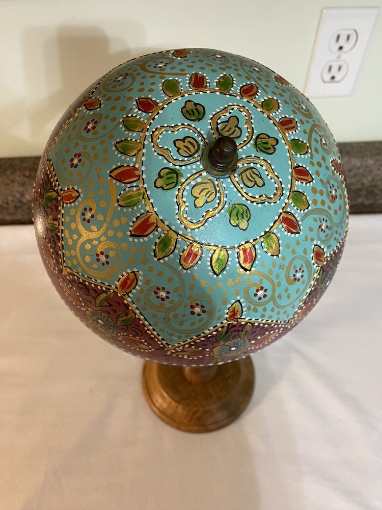 Decorative Hand Painted Globe On Wooden Base Multi Colored 15" Does Turn