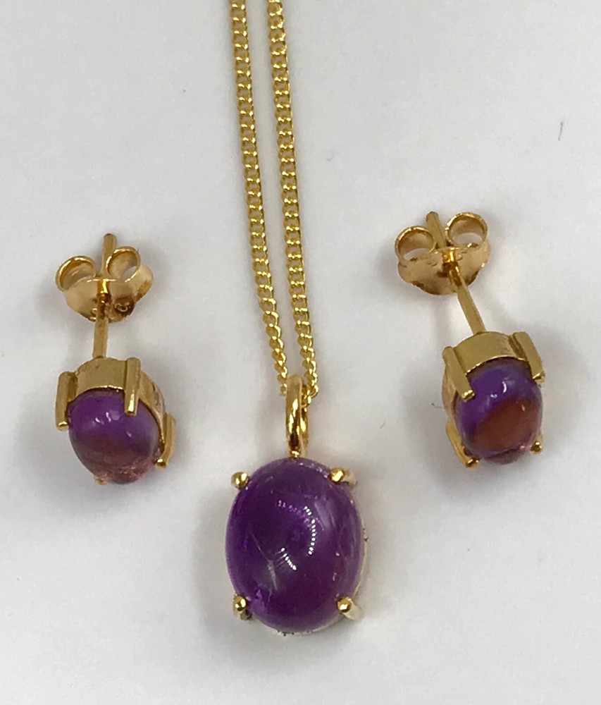 Amethyst cabochon set, stud earrings, pendant, gold on solid sterling silver.