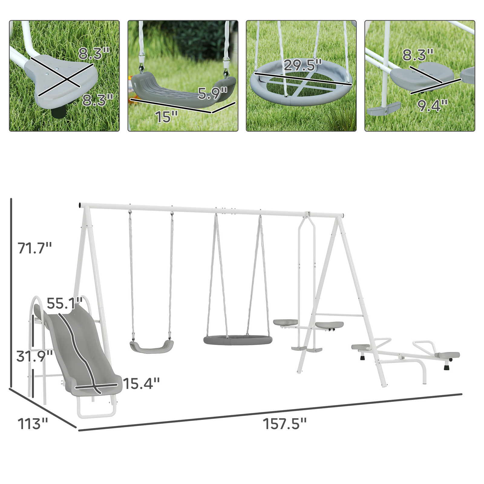 Outsunny Metal Swing Set for Kids with Double Swings Slide Seesaw Glider
