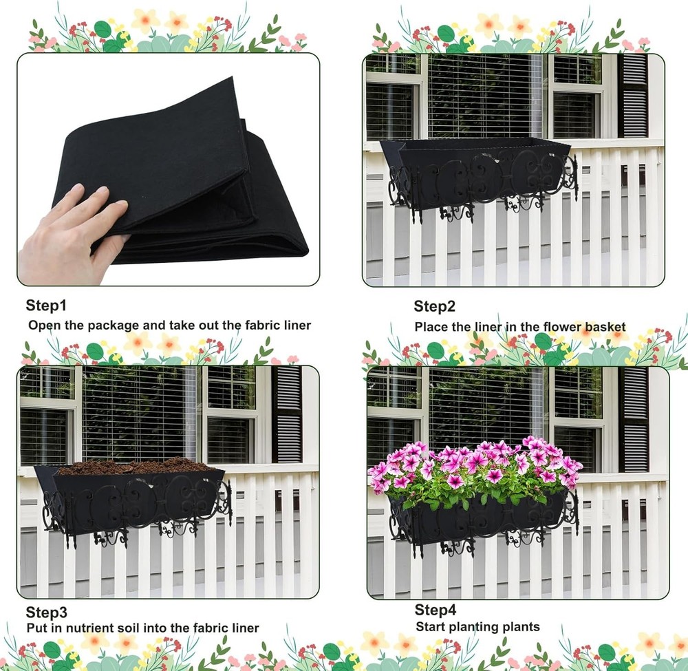 2PCS 24Inch Rectangle Window Box Liner Felt Planter Basket Liner Insert Black...