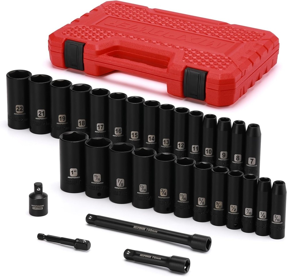 3/8" Drive Deep Impact Socket Set, 6 Point, 31 Piece SAE and Metric Socket Se...