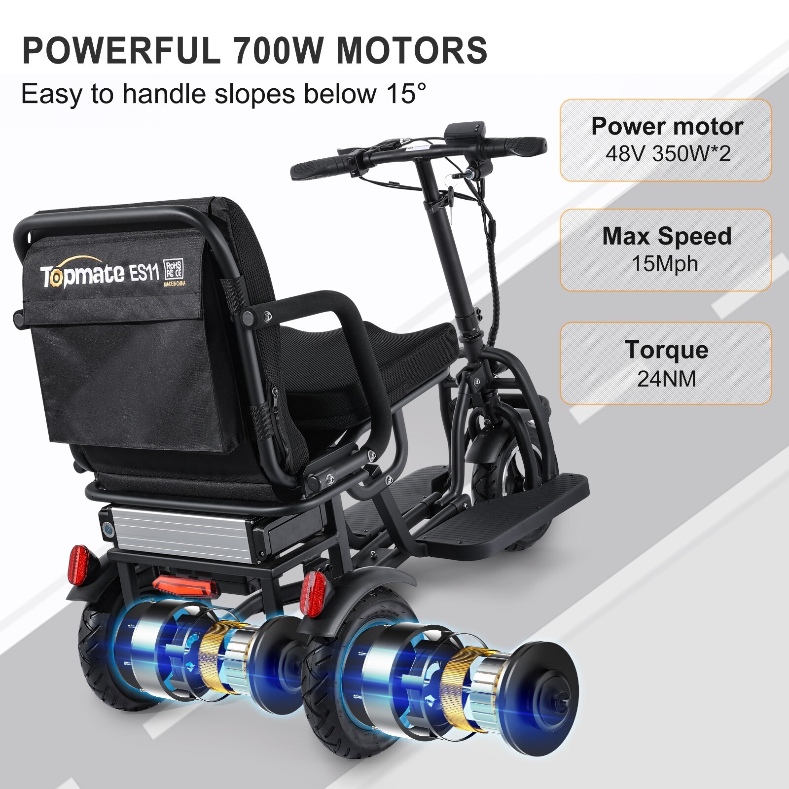 TopMate ES11 Electric Mobility Scooter 3 Wheel for Adult Senior 700W Dual Motor