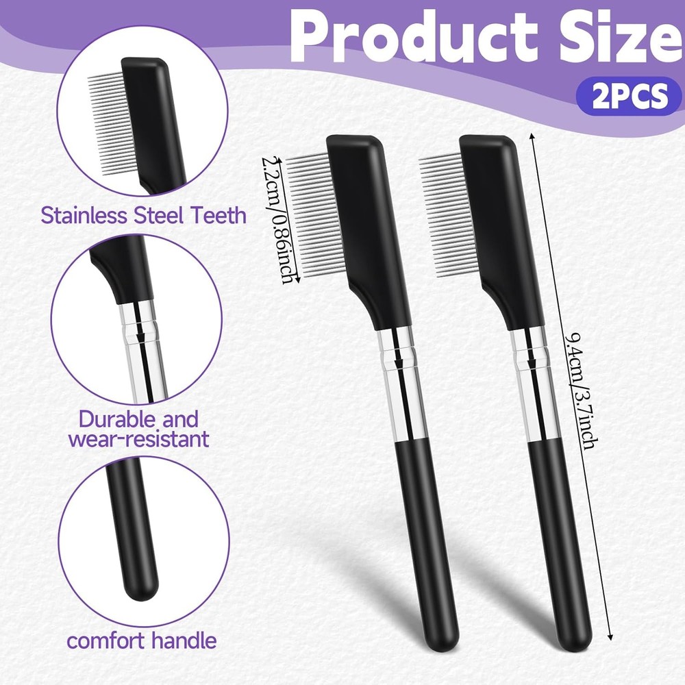 Small Eyelash Comb, 2 Pack Metal Brush Short Length Handle