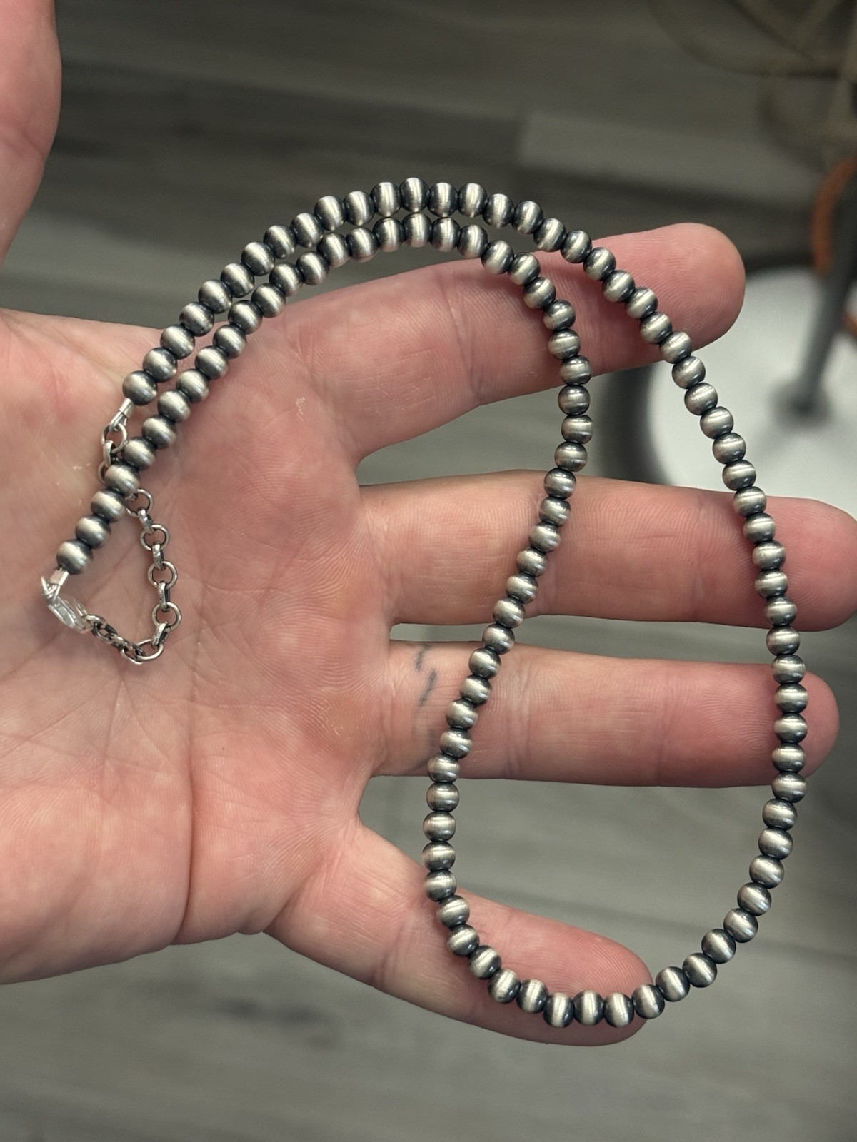 STERLING SILVER 5mm 18” Plus 2” EXT NAVAJO PEARL OXIDIZED BEADED NECKLACE .925