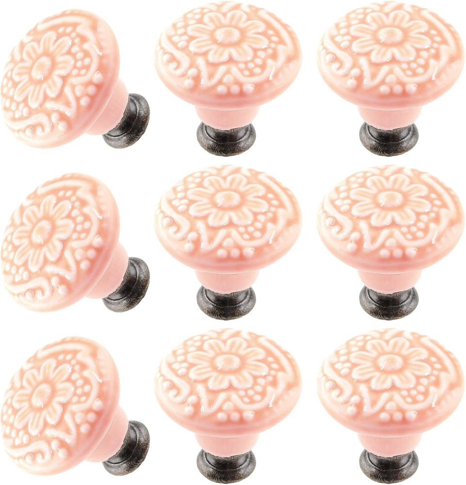 8pcs Pink Vintage Ceramic Kitchen Cabinet Knobs & Pulls - Retro Drawer Handles f