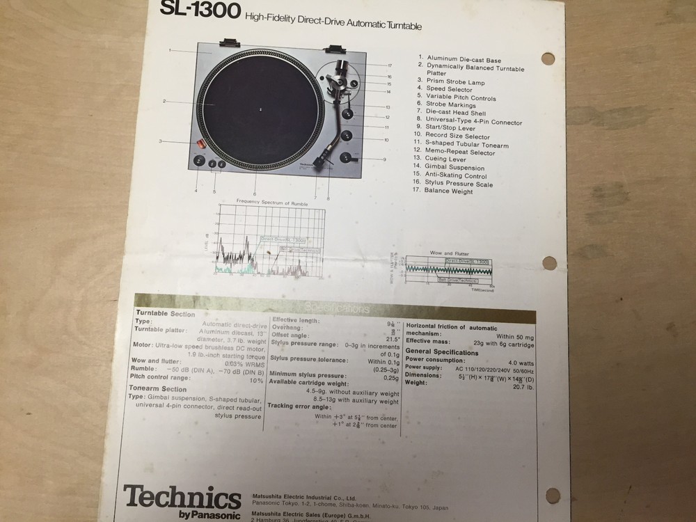 Technics Brochure for the SL-1300 Turntable ~ Original
