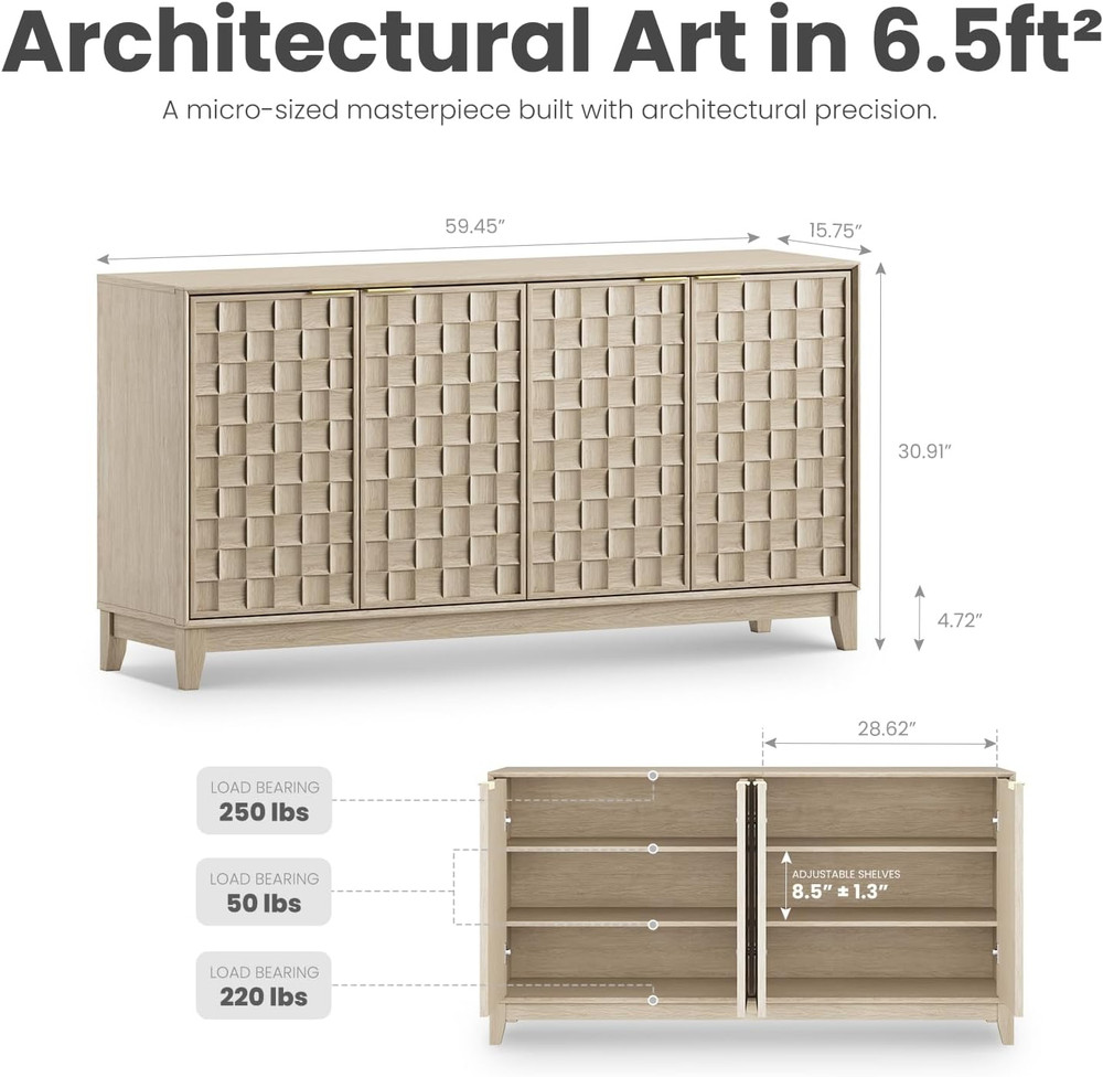 Fluted Sideboard Cabinet with Storage – Solid Wood Buffet for Dining Room, Crede