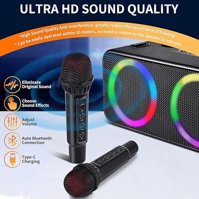 Karaokee Machine 2 Mics Bluetooth Speaker Wireless USB Sound Effect Light