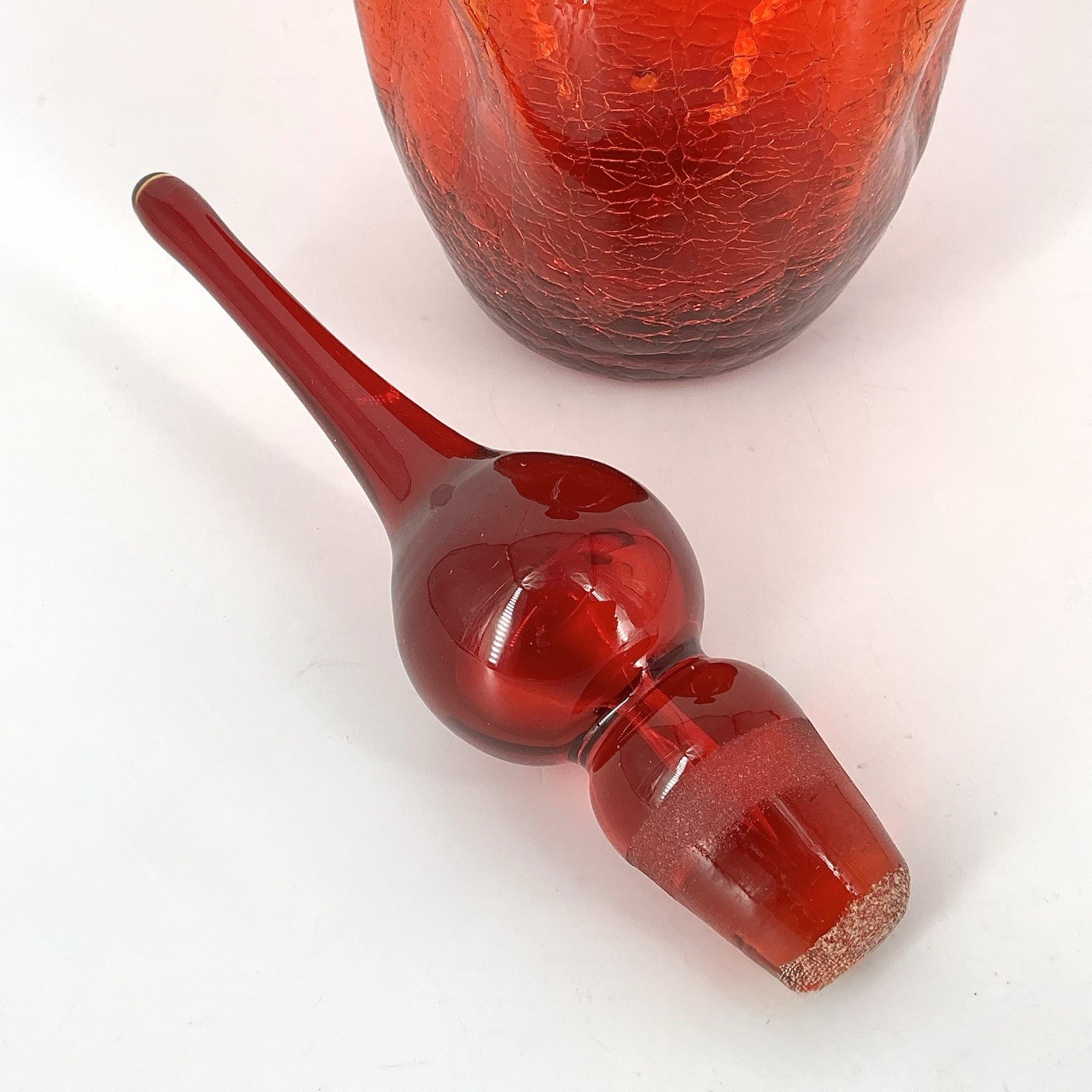 Vintage Rainbow Crackle Glass Decanter With Flame Stopper Pinched Amberina Red