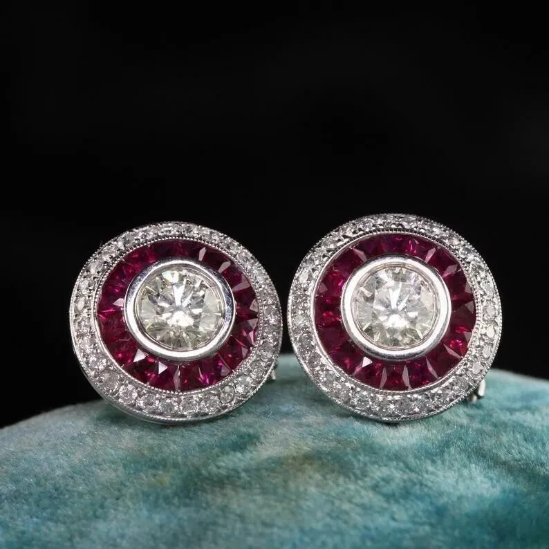 Art Deco Style Round Lab Created Diamond & Ruby Stud Earring 14k White Gold FN