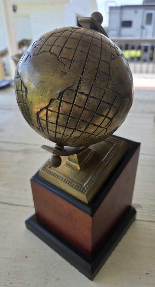 Brass Globe Bookend with wood base. One