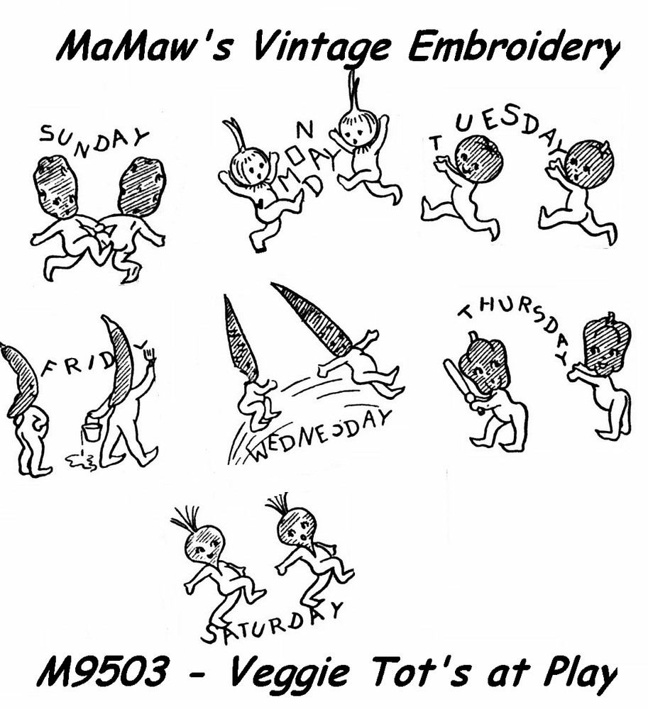 M102 VNTG Vegetable Tots towel DOW Embroidery transfer pattern