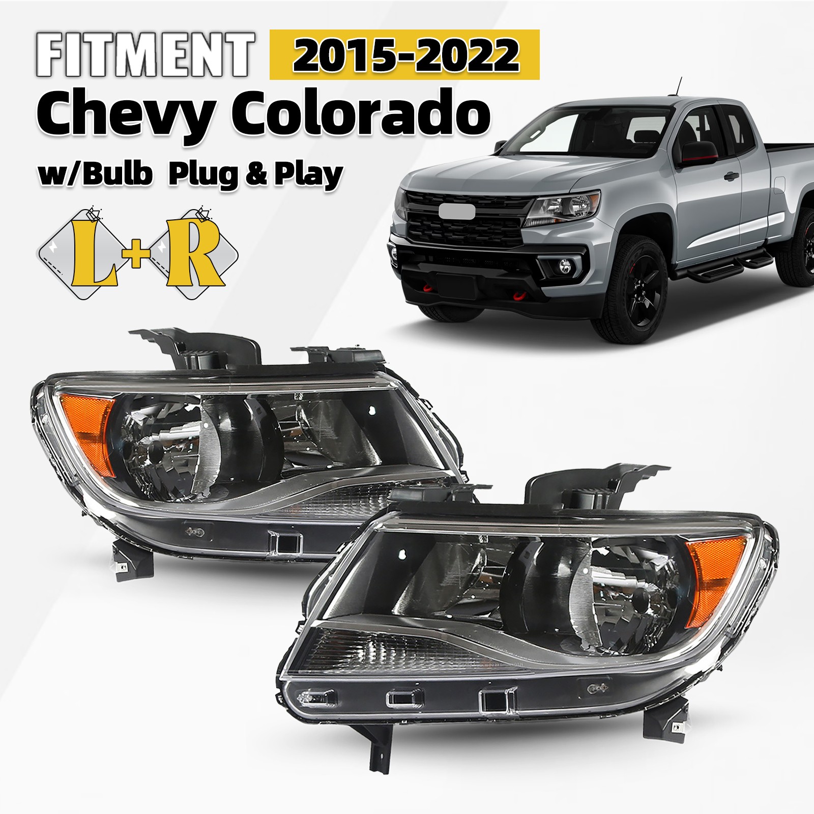 For 2015-2022 Chevy Colorado Halogen Headlight Assy W/ Bulb Left+Right Pair