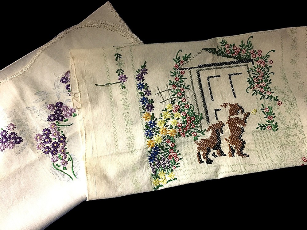 2 Unfinished Embroidery Projects  Needlepoint Table Runner And Sampler Vintage
