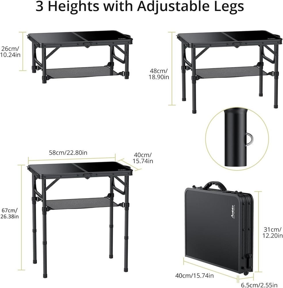 2ft Folding Camping Table W/ Storage Net 3 Adjustable Heights Small Folding