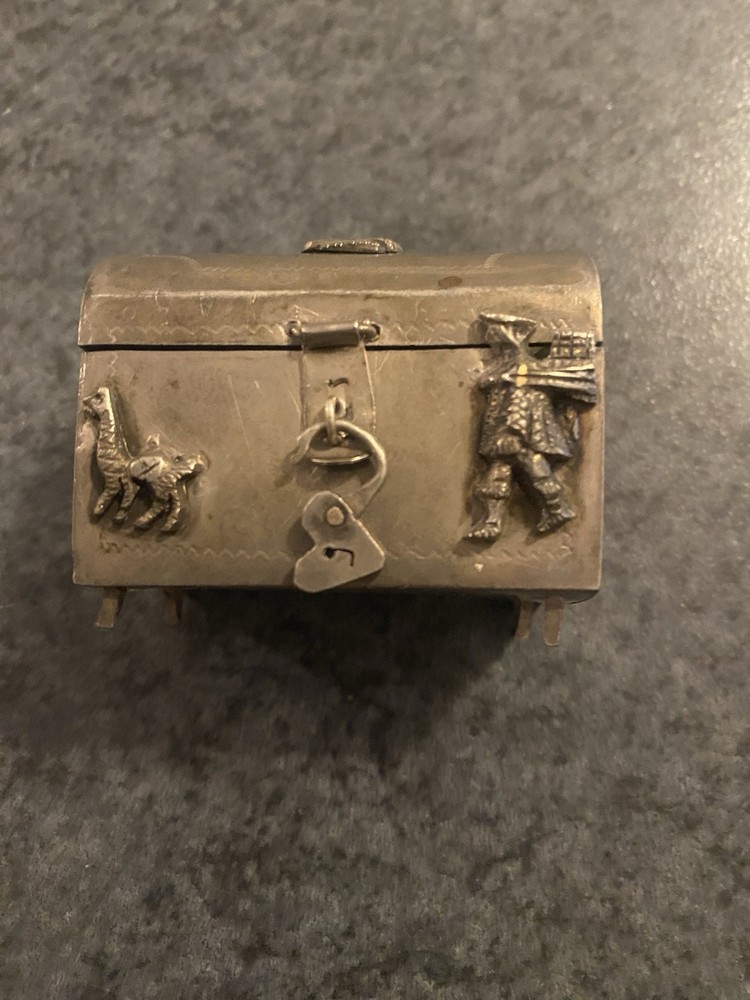 Antique Tiny Alpaca Silver Chest with embossed motifs & lock.