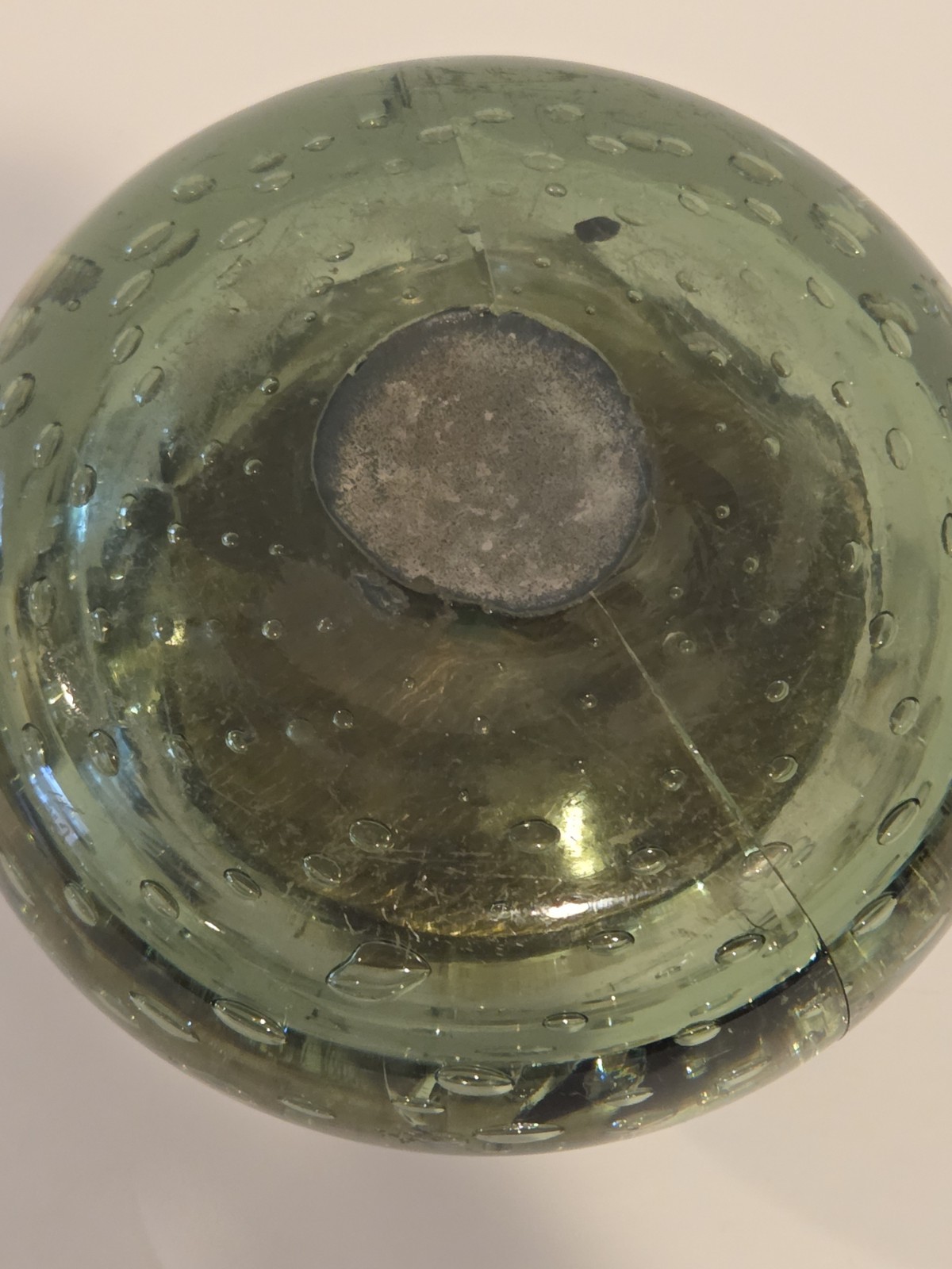 Glass Ink Well hand Blown Controlled Bubbles Brass Antique Green