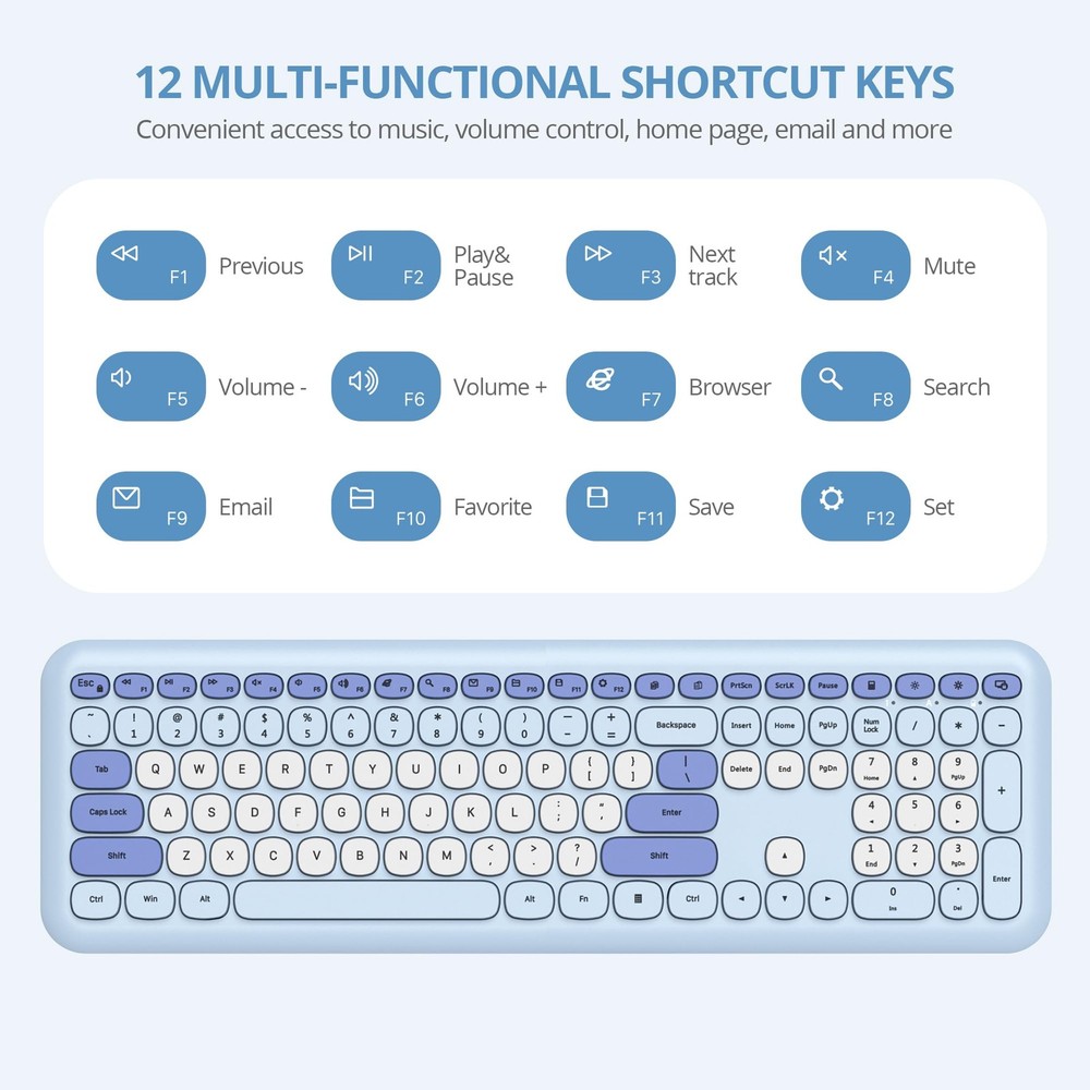 Gradient Blue Wireless Keyboard and Mouse Combo Retro Typewriter Full Size