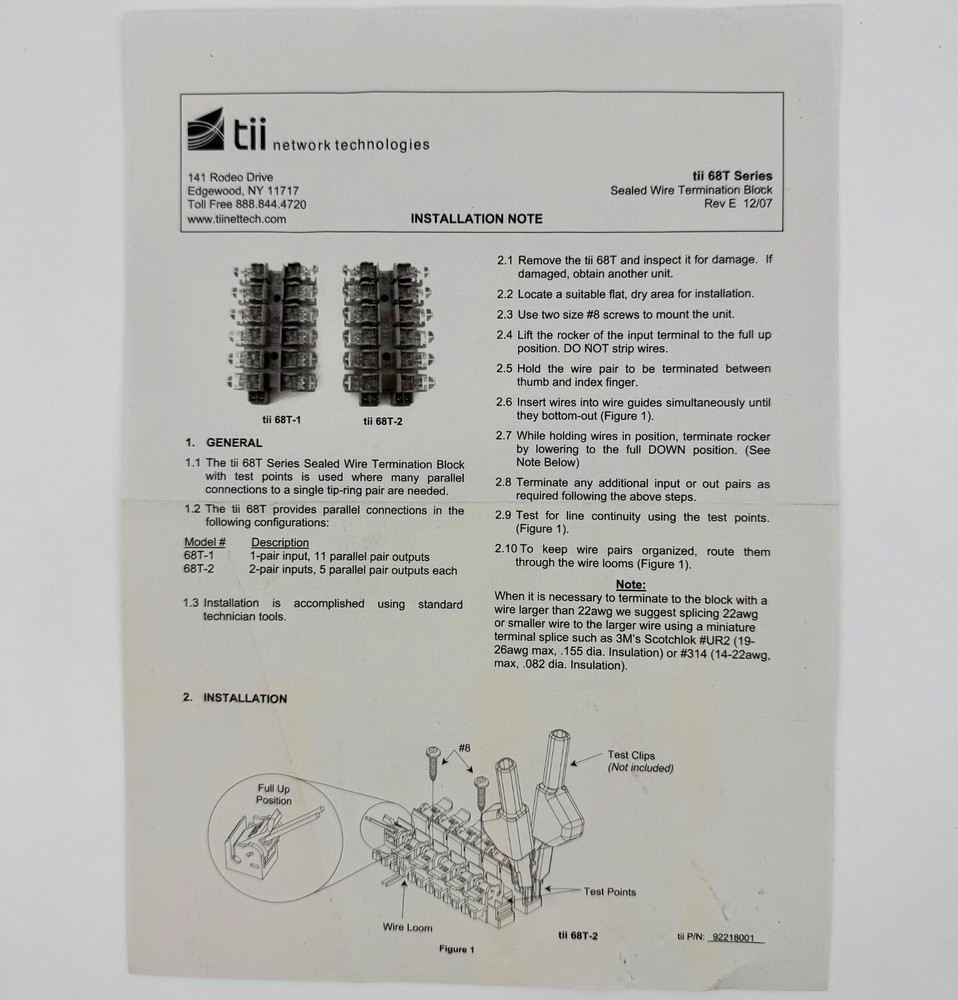 Tii Network Technologies Inc. 68T-2 Sealed Wire Termination Block - New