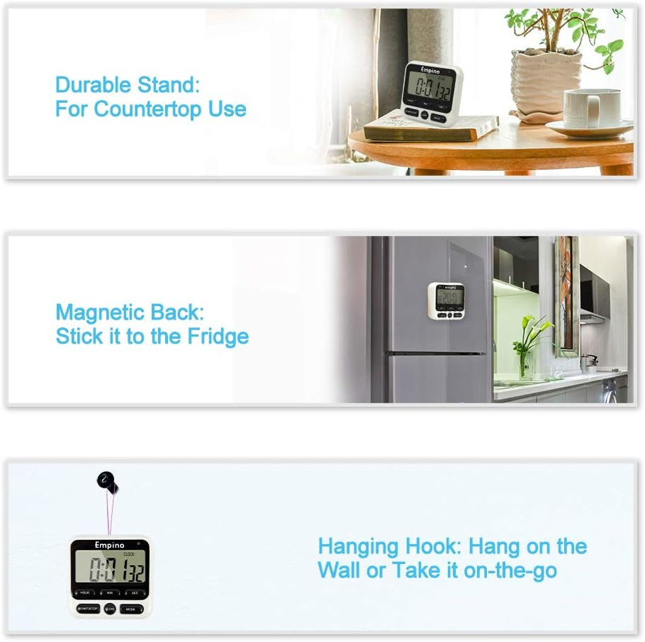 Digital Kitchen Timer, Cooking Timer, 12-Hour Display Clock, Large Display, Stro
