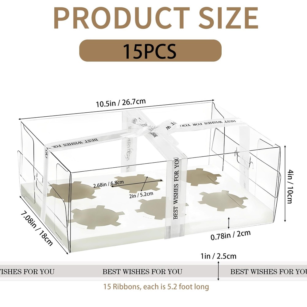 15 Pack Clear Cupcake Boxes 6 Compartment Cupcake Container Set Stackable Pla...
