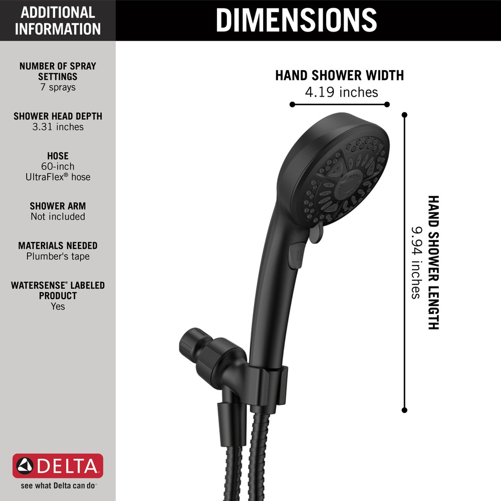 Delta 7-Setting Hand Shower Matte Black-Certified Refurbished