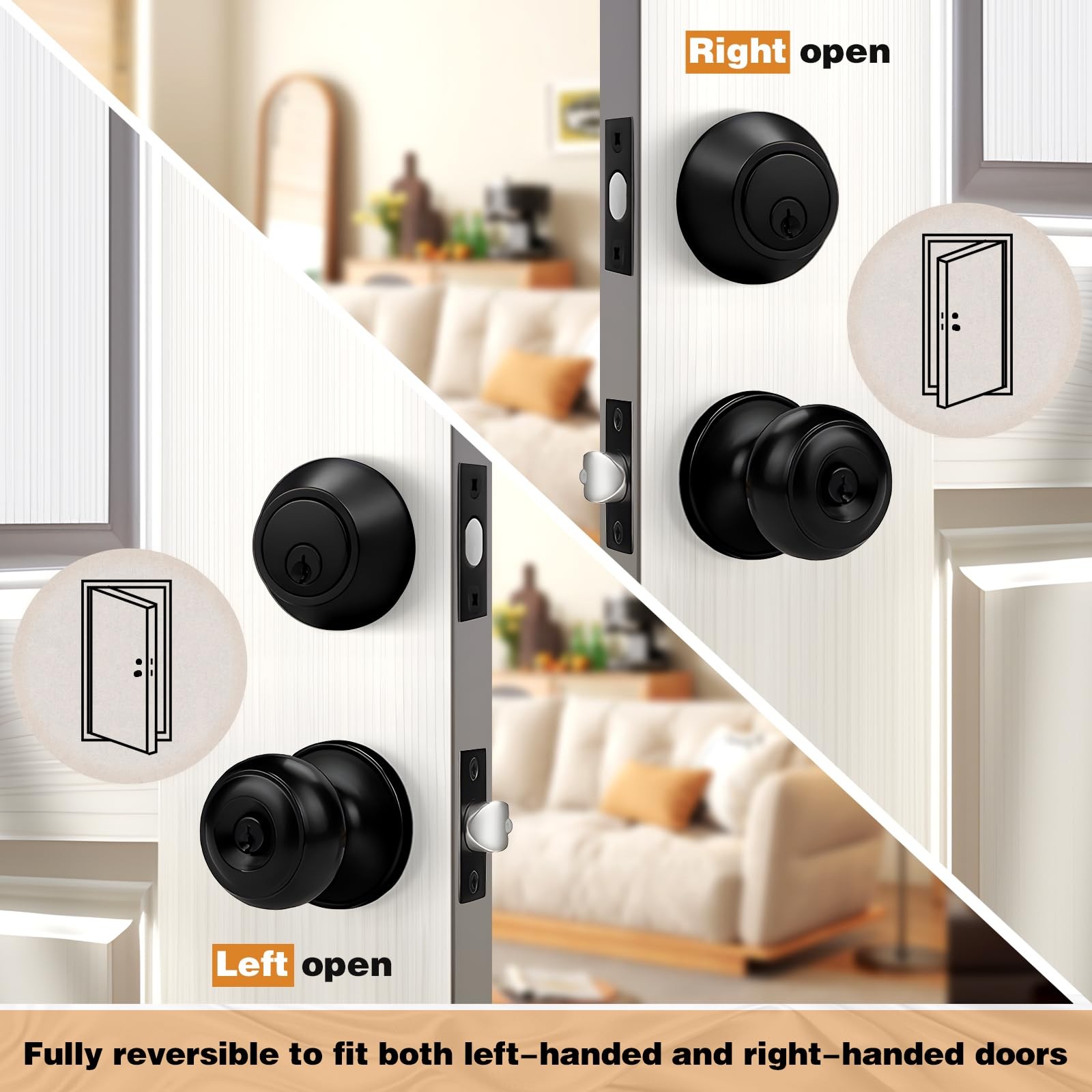 Entry Door Knob Deadbolt Combo Single Cylinder Keyed Alike Flat Black 3 Pack